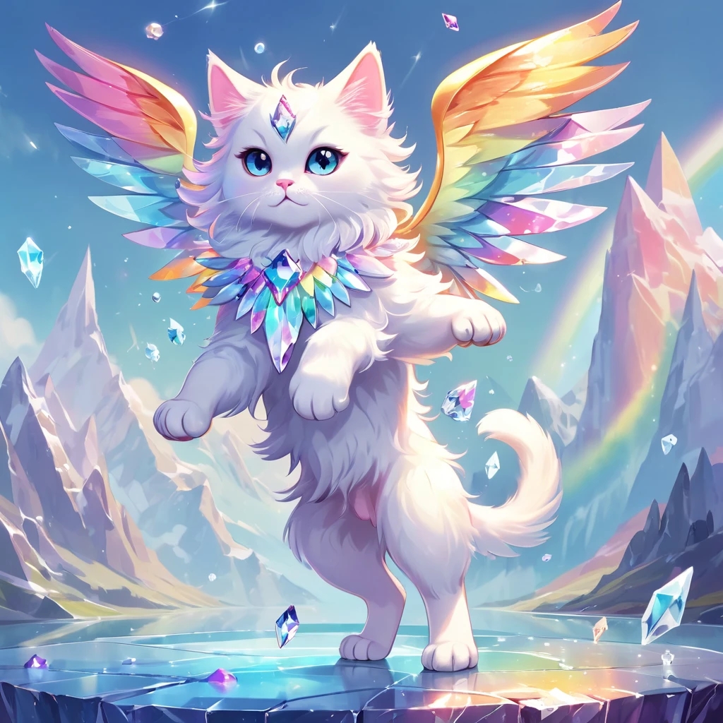 Crystal and cat fusion。A fluffy cat。Wings are crystal。shine。Jump。Flying in the sky。Rainbow colors。bright。fun。Fairy。Lake and Crystal。mineral。Quadrupedal。