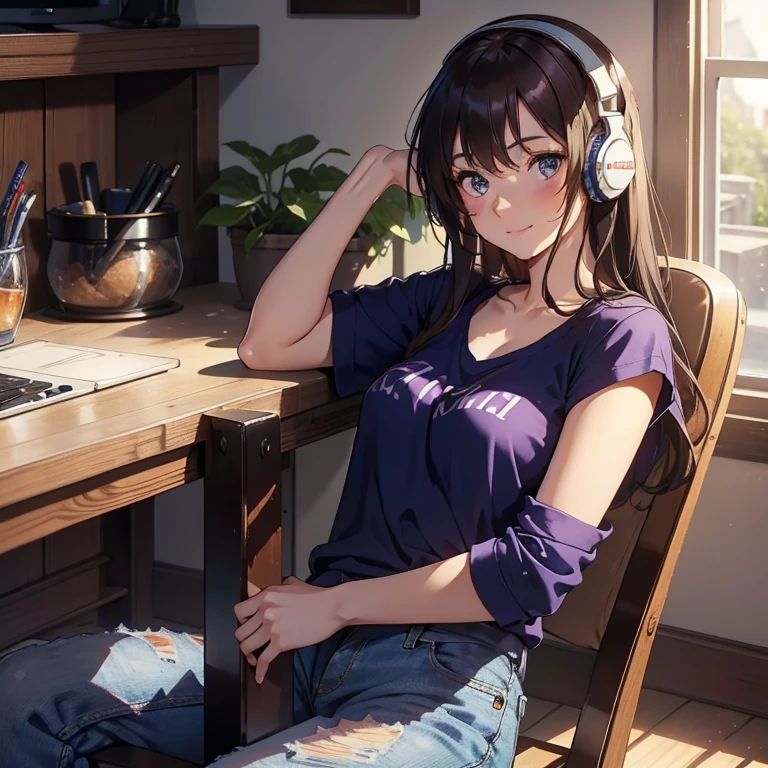 Masterpiece, 4K, best quality, One 20 years old girl, solo, has Blue eyes, beautiful eyes, has Brown long hair, wears Purple T-shirt and farmer jeans, in the bedroom, sitting on a chair, in front of the table, wears black headphones on her head, listen music, smile