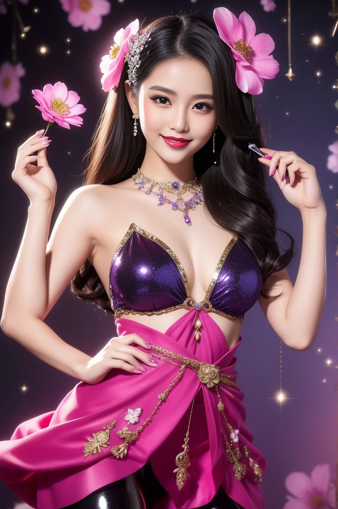 sexy Thai model who controls poison、beautiful smile、lipgloss、bold lipstick、intense makeup、look at the camera、full body Esbian、、sparkling poisoned flower costume、、、、sparkling Colorful hair、secrete poison、skull hair accessories、sexy tights、shiny sparkling flowers background