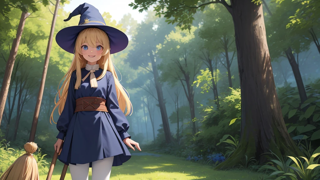 Perfect Biology、masterpiece, taller than,Very detailed, Absurd, witch, 8--old,rl,  alone, Blonde, Long Hair,  blue eyes, Blue Boots, Long sleeve,Have,in the forest, smile,White Pantyhose, Fly through the sky on a broom