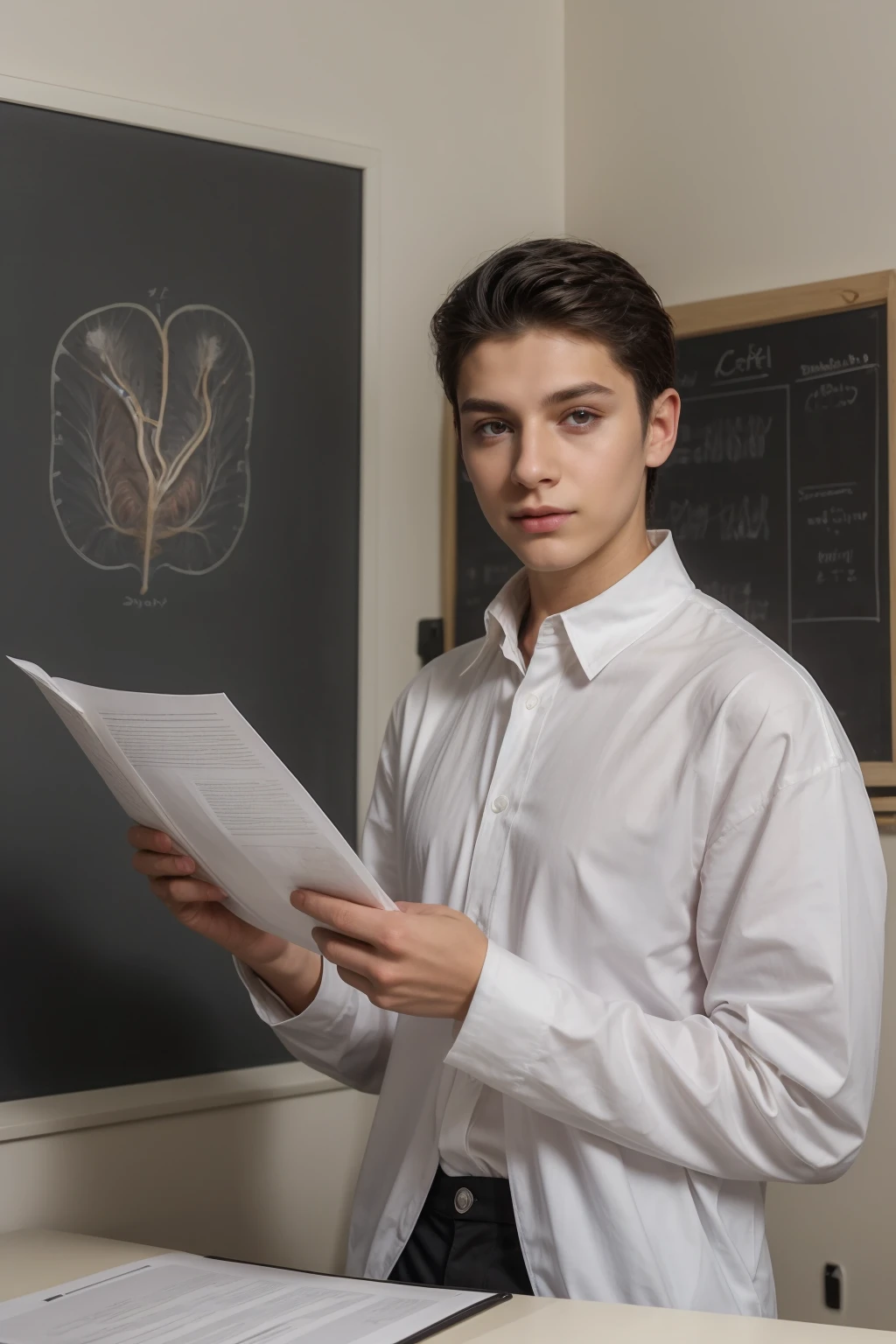 A beautiful young male twink with black hair and a white face with makeup. He is wearing a long-sleeved shirt with a tight white collar and tight aquamarine cotton pants. He is in his office reading a medical paper, and behind him is a blackboard with the shape of the brain and its anatomy written on it, and he looks on proudly.