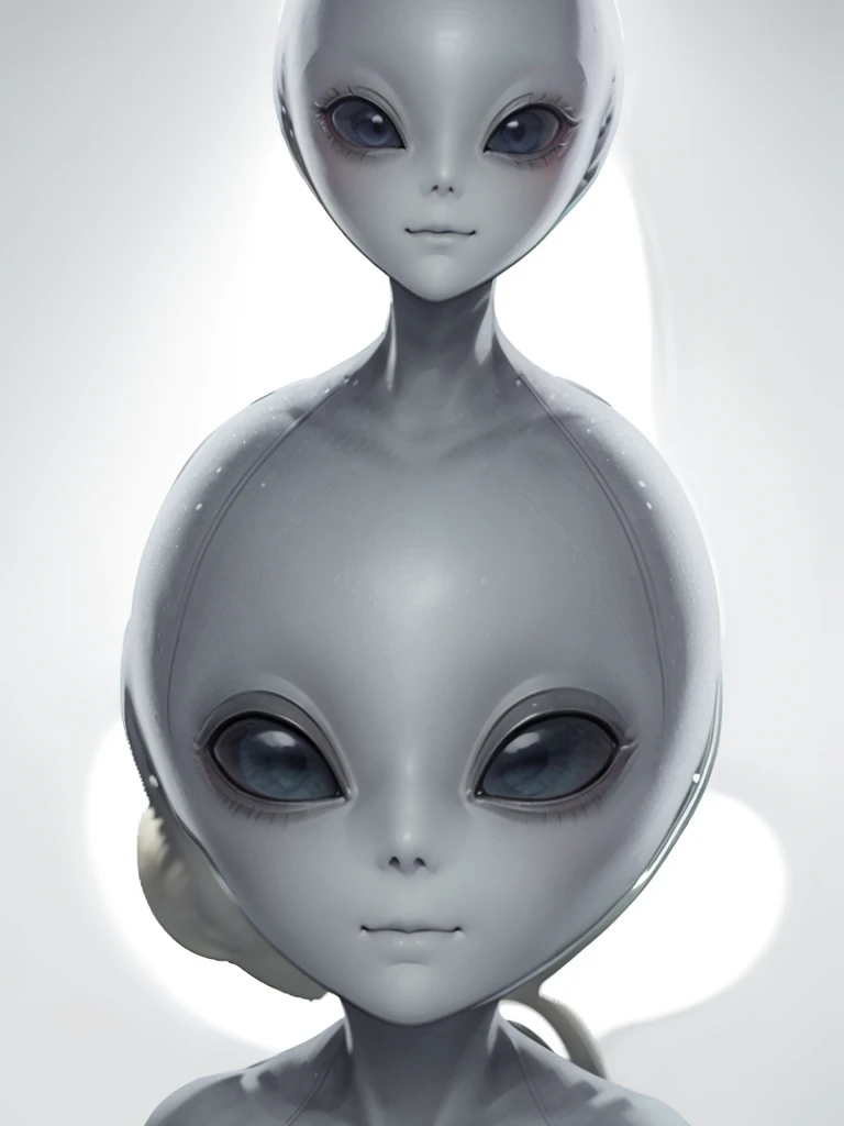 (((Masterpiece))), (high quality),(one alien girl:1.2), ,(innocent smile),(big light black eyes:1.5),5 heads,(Skinhead,Gray aliens,Large, dark, almond-shaped eyes,:1.5),(No hair, no whites, no ears:1.5),Wearing a silver body-fitting suit,Plain background,from below