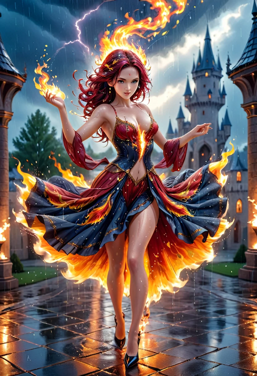 (a photorealistic portrait of a sorceress of fire making fire dance in a storm of rain: 1.5), a most exquisite beautiful sorceress, controlling fire manipulating fire, a woman, dynamic hair color, dynamic hair style, (most beautiful face: 1.3), (ultra detailed face: 1.2), wet hair, wet face, dynamic eyes color, full body shot, wearing dress made of fire, wearing intricate high heels, light make up, dancing in courtyard of a fantasy castle background, ((heavy rain drops: 1.1)), clouds in the sky, (anatomically correct: 1.4), (full body shot: 1.1) , vibrant, Ultra-high resolution, High Contrast, (masterpiece:1.5), highest quality, Best aesthetics), best details, best quality, highres, ultra wide angle, 16k, [ultra detailed], masterpiece, best quality, (extremely detailed), faize, Intense gaze, Cinematic Hollywood Film