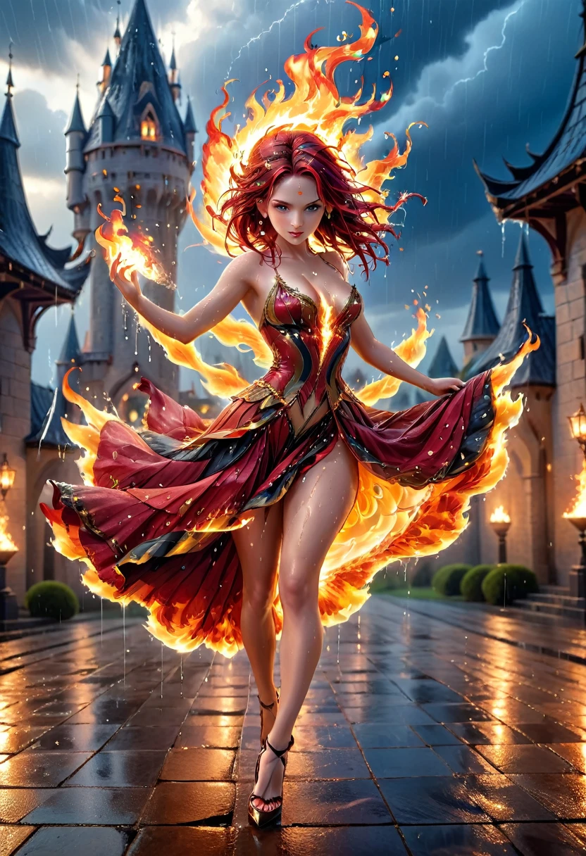 (a photorealistic portrait of a sorceress of fire making fire dance in a storm of rain: 1.5), a most exquisite beautiful sorceress, controlling fire manipulating fire, a woman, dynamic hair color, dynamic hair style, (most beautiful face: 1.3), (ultra detailed face: 1.2), wet hair, wet face, dynamic eyes color, full body shot, wearing dress made of fire, wearing intricate high heels, light make up, dancing in courtyard of a fantasy castle background, ((heavy rain drops: 1.1)), clouds in the sky, (anatomically correct: 1.4), (full body shot: 1.1) , vibrant, Ultra-high resolution, High Contrast, (masterpiece:1.5), highest quality, Best aesthetics), best details, best quality, highres, ultra wide angle, 16k, [ultra detailed], masterpiece, best quality, (extremely detailed), faize, Intense gaze, Cinematic Hollywood Film