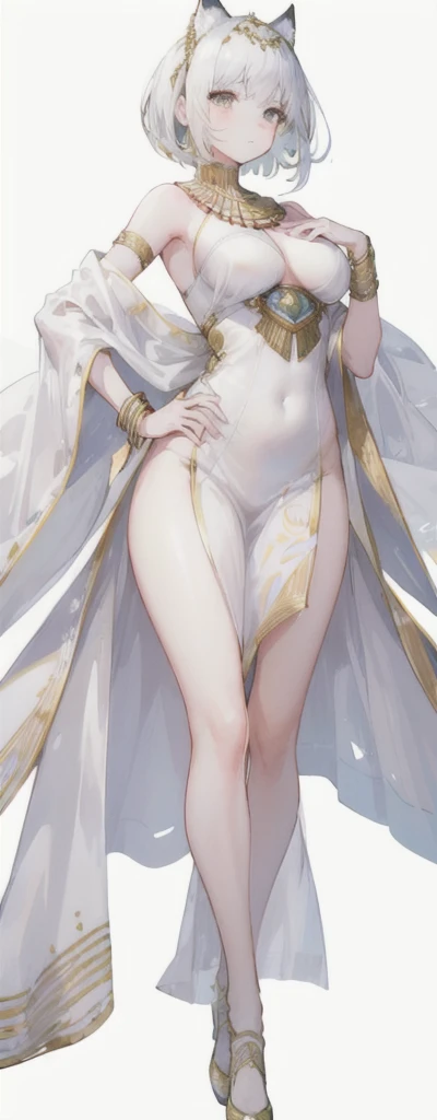 a beautiful short white-haired girl wearing an elaborate egyptian queen's costume, sexy white egyptian dress with colored striped fabric hem, beautiful slim thighs, full body view, short hair, pinky eyes, in the style of an egyptian golden cat, white background, photorealistic, 8k, high quality, detailed, vivid colors, dramatic lighting, Wearing high gold shoes, cute face is obvious, (blank white background with no other objects) Slim body, Standing straight pose, both free hand poses, The Egyptian queen's dress is perfect (a perfect long soft white shawl) with gold bracelets, Wearing a white and gold robe
