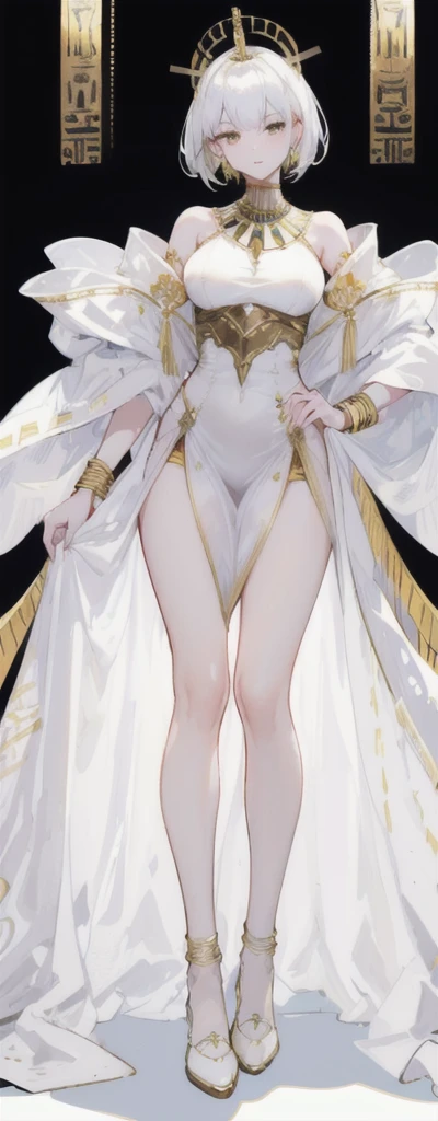 a beautiful short white-haired girl wearing an elaborate egyptian queen's costume, sexy white egyptian dress with colored striped fabric hem, beautiful slim thighs, full body view, short hair, pinky eyes, in the style of an egyptian golden cat, white background, photorealistic, 8k, high quality, detailed, vivid colors, dramatic lighting, Wearing high gold shoes, cute face is obvious, (blank white background with no other objects) Slim body, Standing straight pose, both free hand poses, The Egyptian queen's dress is perfect (a perfect long soft white shawl) with gold bracelets, Wearing a white and gold robe
