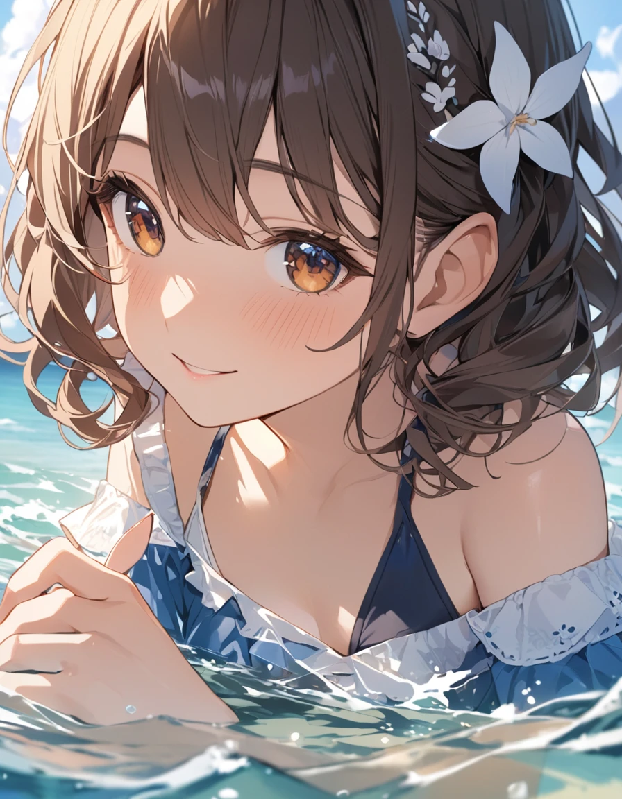 (Highest qualityのイラスト:1.2), (pretty girl:1.1), (1 girl、、Highest qualityのイラスト:1.2), (1 girl、smile、Small breasts、Very detailedな目:1.2)、Brown Hair、short hair、Wavy Hair、Curly Hair、Low Twintails、(Highest quality、Very detailed、Very detailed and beautiful、Ultra-high resolution) 、summer、Ocean、Swimwear