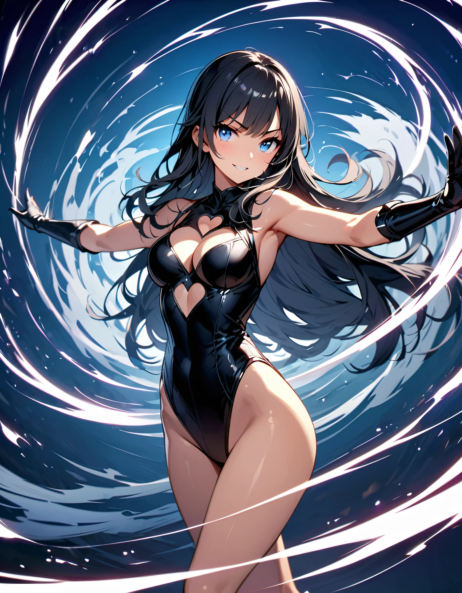 ((masterpiece)), ((best quality)), ((high res)), 1girl, solo, solo focus, ((leotard, perfect leotard, black leotard, sleeveless, bare legs)), matching boots, looking at the viewer, blue sky backdrop, perfect hands, complete fingers, perfect anatomy, medium breasts, (black hair, long hair, mid-length hair, hair down, bangs), knee boots, blue eyes, beautiful detailed eyes, beautiful detailed face, cute face, (cleavage heart cutout), black gloves, black footwear, superhero, raised arms, evil smile. She spins at an incredible speed, creating a whirlwind of air around her. She rotates her body in place at super speed. She spins fast in place like a tornado. Cyclone spinning. Rapid gyration. Tornado winds around her. She super-spins. Spiral lines around her body. Curved sword slash. Full body with costume.