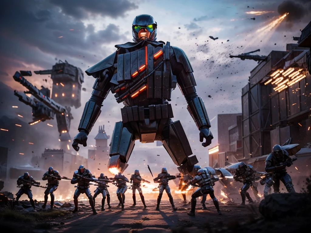 a futuristic battle scene, a squadron of sleek high-tech infantry battling giant robots, intricate mechanical details, advanced technology, cinematic lighting, dramatic poses, dynamic action, vibrant colors, hyper-realistic, 8k, photorealistic, masterpiece, concept art