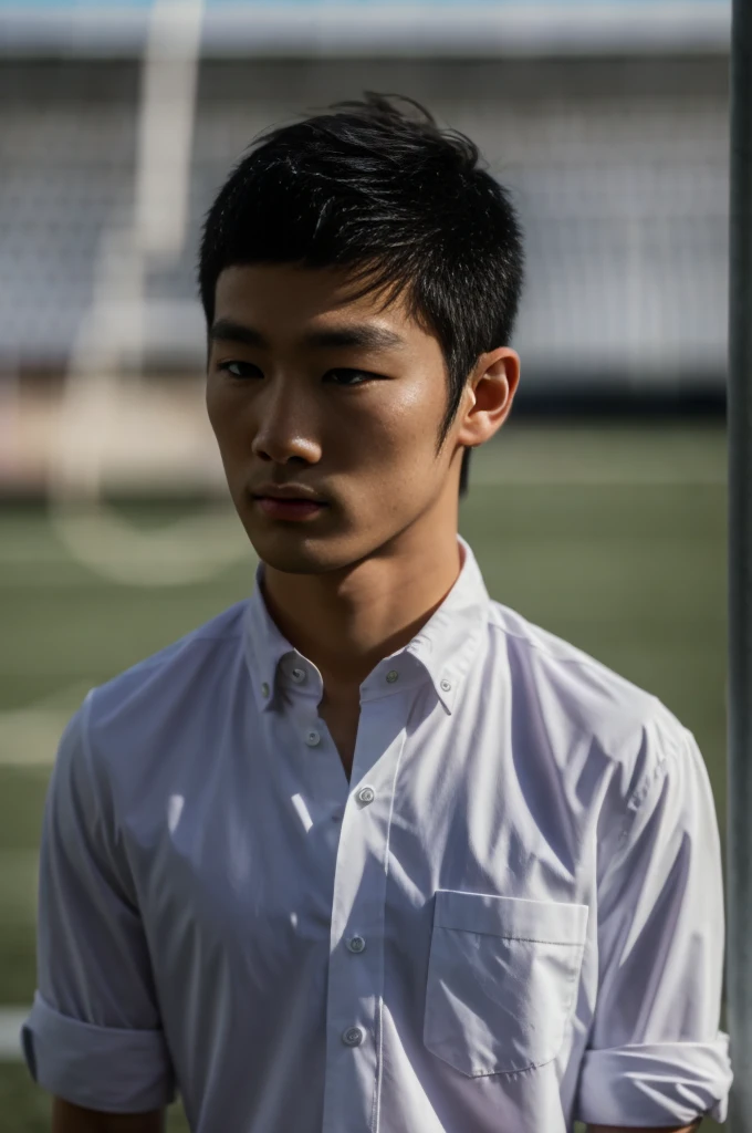 young asian man looking at camera In a white button-down shirt , Fieldside, beach, sunlight, looking at the football field