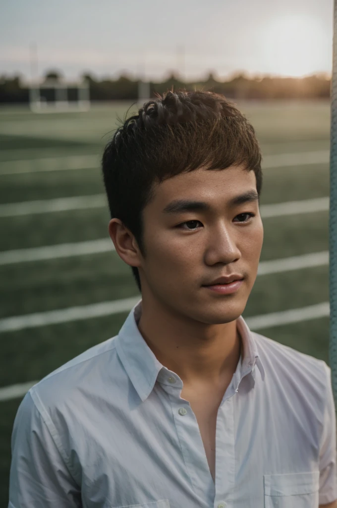 young asian man looking at camera In a white button-down shirt , Fieldside, beach, sunlight, looking at the football field