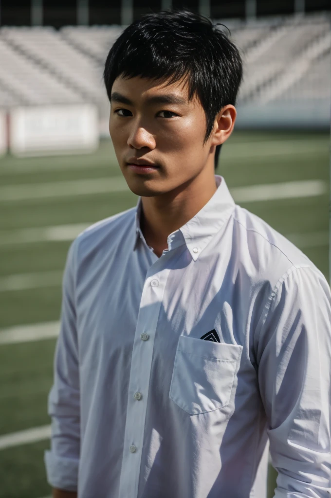 young asian man looking at camera In a white button-down shirt , Fieldside, beach, sunlight, looking at the football field