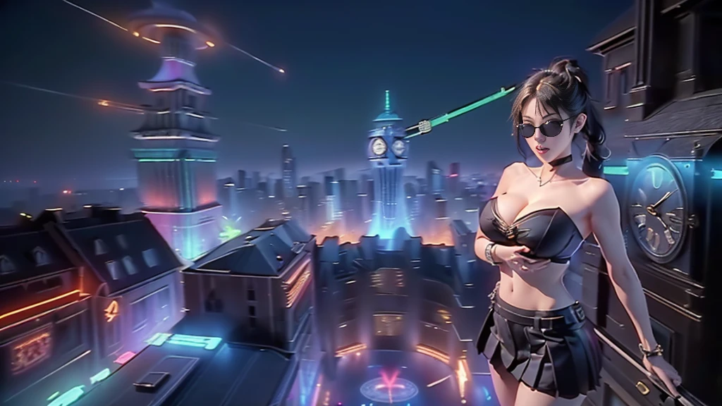 (aerial view). at night, futuristic sci-fi cyberpunk city, broad viaduct, skyscrapers at the end of the viaduct, the movie "13th Floor" style, (((((voltex-spirit-spreading giant clock tower as time machine))))), hq. Matrix style, at night, (1girl, solo), photo realistic, (large-breast:1.2 slim body, cleavage:1.3), (((tube top, extreamly short pleated (((miniskirt)))))), (((((matrix style black sunglasses))))), (((((aiming at camera with a (short:0.8 pistol)))))), (((half-body (thigh level) medium shot))), (cinematic lighting).