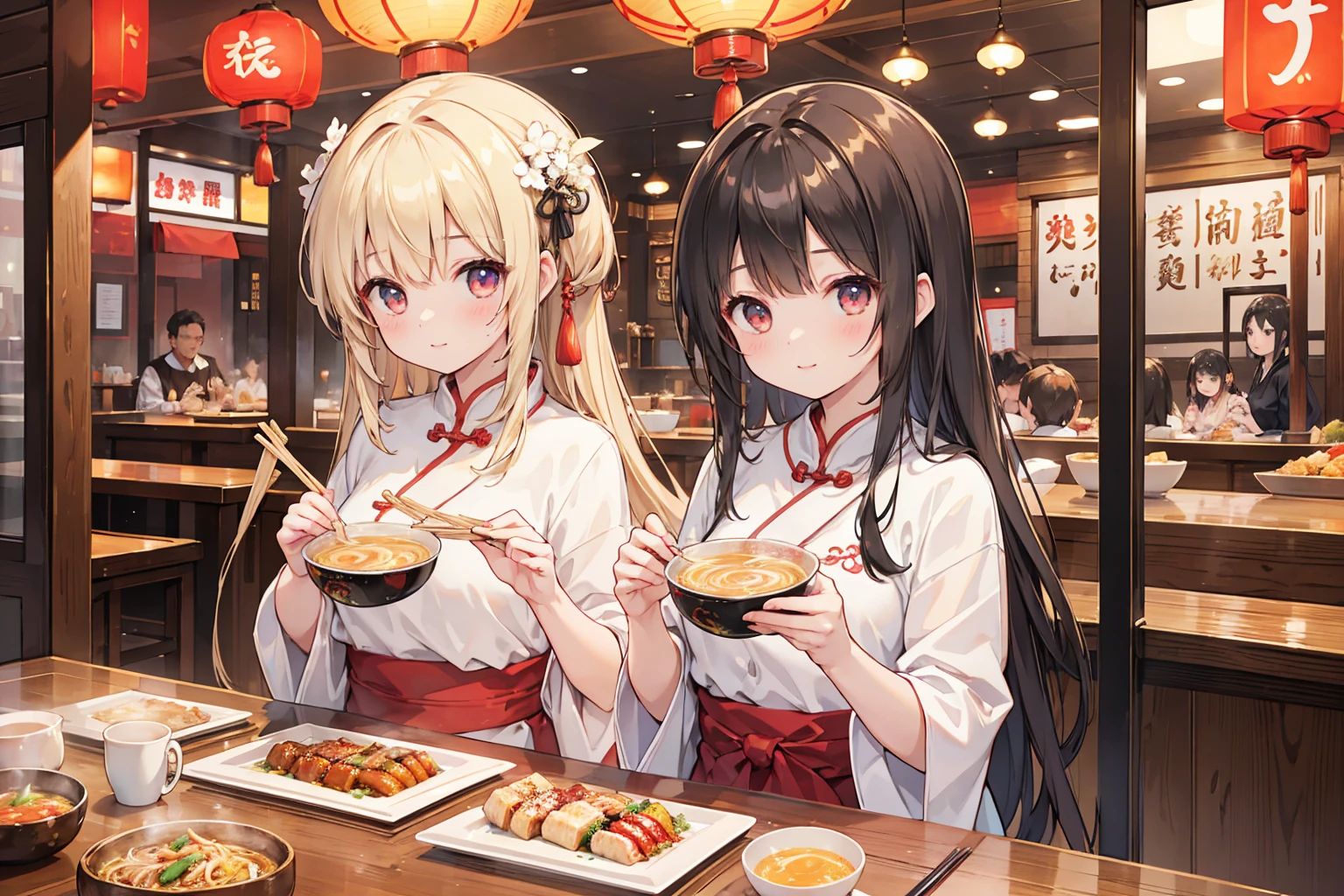Photorealistic、Highest quality、Highest Resolution、Highest quality、８Ｋ、1人のBeautiful woman、Beautiful woman、Beautiful Woman、Cute girl、With family、With family、Chinese restaurant、ramen、ramenを食べる、