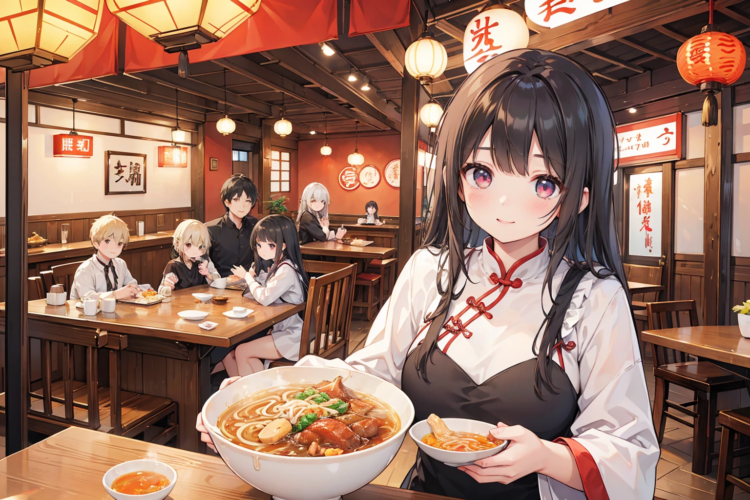 Photorealistic、Highest quality、Highest Resolution、Highest quality、8K、1人のBeautiful woman、Beautiful woman、Beautiful Woman、Cute girl、With family、With family、Chinese restaurant、ramen、ramenを食べる、