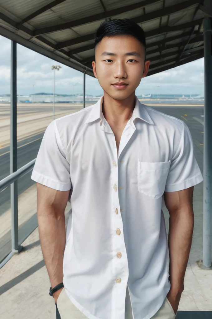 A young Asian man with large muscles looks at the camera. In a white button-down shirt , seaside beach sunlight looking at the airport