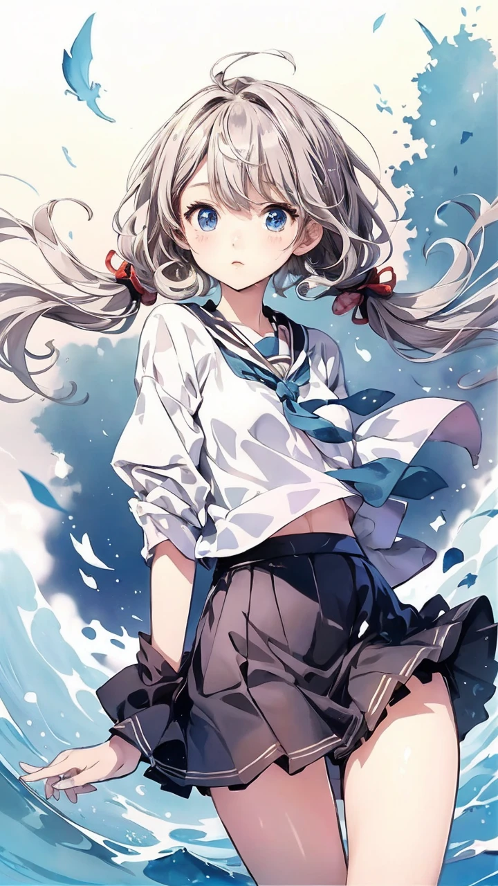 kimono、yukata、Tanabata、Strip、Tanabataまつり、Milky Way in the night sky、(waltercolor:1.3)、mini skirt、rough toutch、Detailed expression、(Teenage Girls、Beautiful eyes、Blue Eyes、Gray Hair、Curly Hair、slender、Small breasts、Long legs、Inner thighs、Beautiful Skin、Perfect fingertips、8 heads、look away、during、Lolicon)
