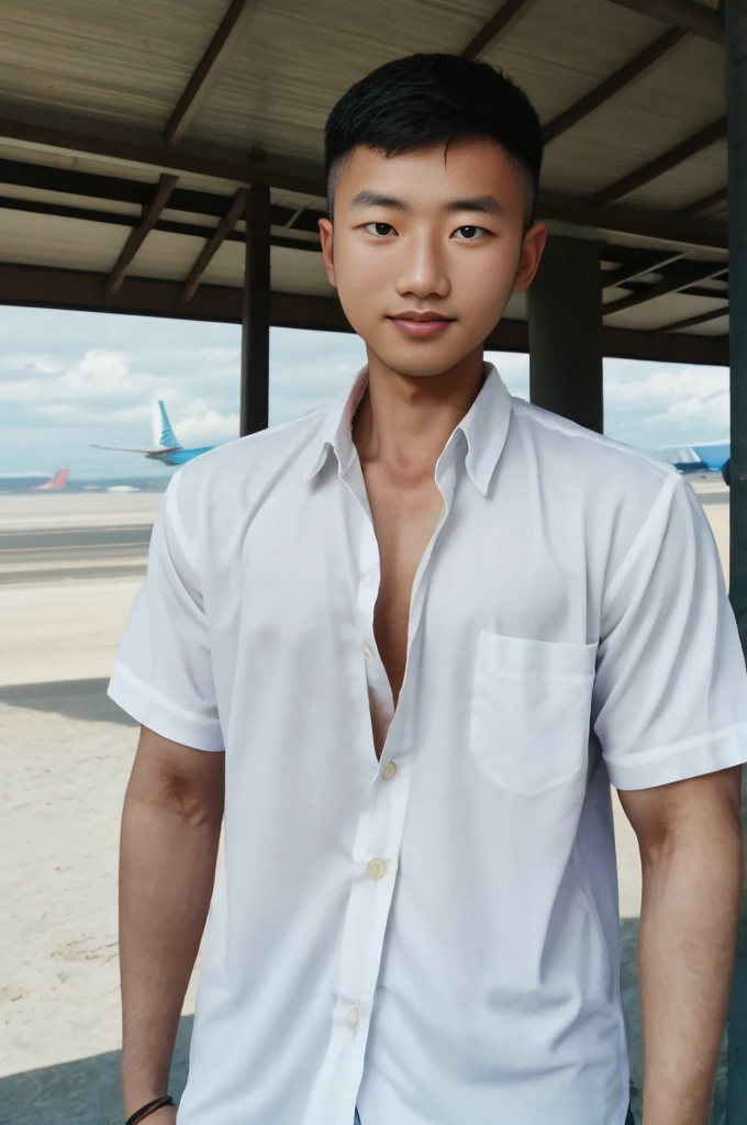 A young Asian man with large muscles looks at the camera. In a white on-down shirt , seaside beach sunlight looking at the airport