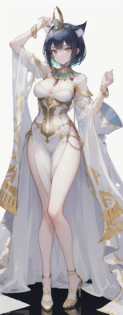 a beautiful short blue-haired girl wearing an elaborate egyptian queen's costume, y white egyptian dress with colored striped fabric hem, beautiful slim thighs, full body view, short hair, pinky eyes, in the style of an egyptian golden cat, white background, photorealistic, 8k, high quality, detailed, vivid colors, dramatic lighting, Wearing high gold shoes, cute face is obvious, (blank white background with no other objects) Slim body, Standing straight pose, both free hand poses, The Egyptian queen's dress is perfect (a perfect long soft white shawl) with gold bracelets, Wearing a white and gold robe