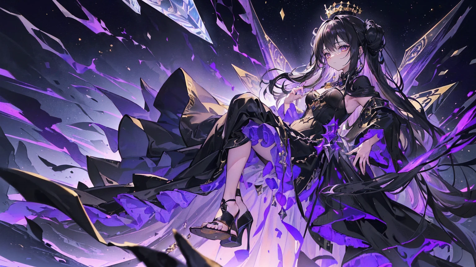 (Super detailed)),((illustration))，((masterpiece)),(((need))),((fine、Highest quality CG Unity 8K wallpapers，masterpiece），（（4K，masterpiece，best quality）），Black hair queen，Sexy，Golden Eyes，Confined in a coffin，Mature，Hair tied on both sides，Black and gold gauze robe，Gorgeous black cape，Black veil，Purple-white halo，Black and purple high heels，Wearing a crown on the head，pyramid，Emitting dim purple light，under deep sea，under deep sea的废墟，under deep sea排满棺材，Mysterious symbols