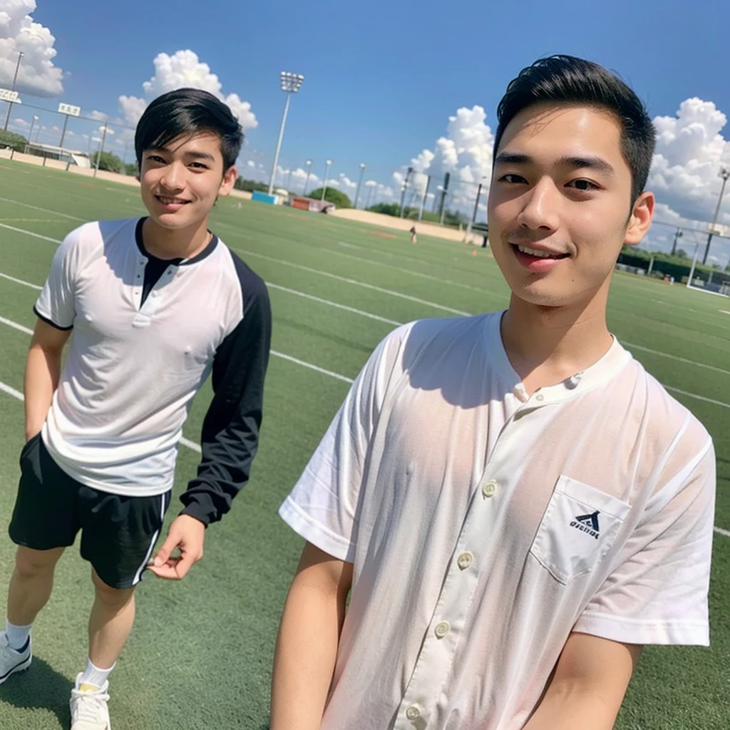 young asian man looking at camera In a white button-down shirt , Fieldside, beach, sunlight, looking at the football field