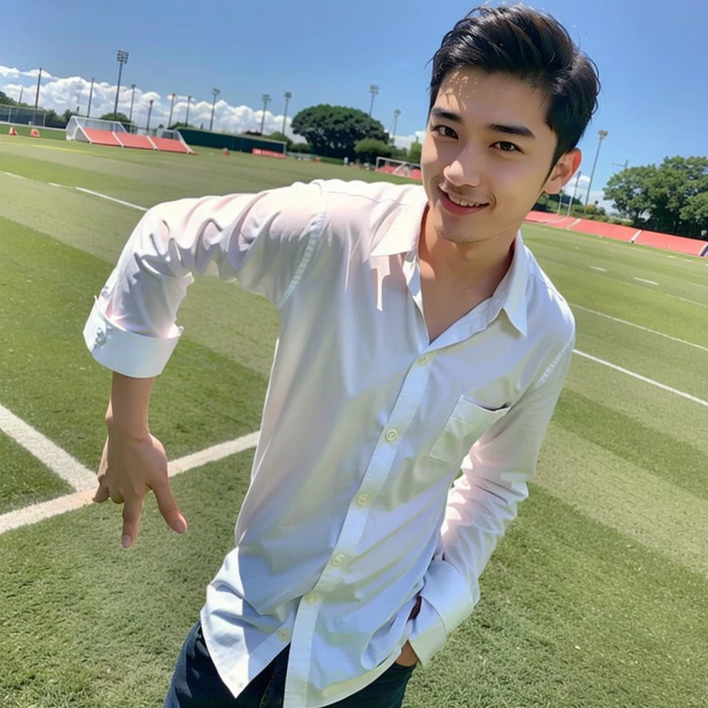 young asian man looking at camera In a white button-down shirt , Fieldside, beach, sunlight, looking at the football field