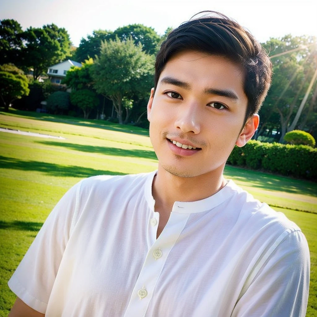 ((realistic daylight)) , Young Korean man in a simple black t-shirt only, no pattern, and jeans., A handsome, muscular young Asian man looks at the camera.  , in the football field ,turn sideways, smile