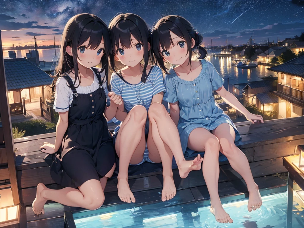 Big Dipper、Night view of the port town and starry sky、Light blue striped shirt dress、Barefoot sandals、Sisters flip each other&#39;skirt、ワンピースがふわりとめくれてCute white underwearが見える、Cute white underwear