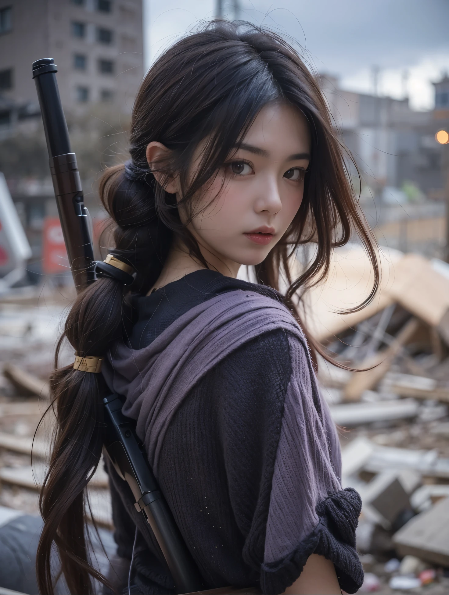 Beautiful Japanese waifu, early 30s, brunette hair, long pigtails, fantasy starwars scavenger costume in black and purple, carrying a pike, in a ruined city