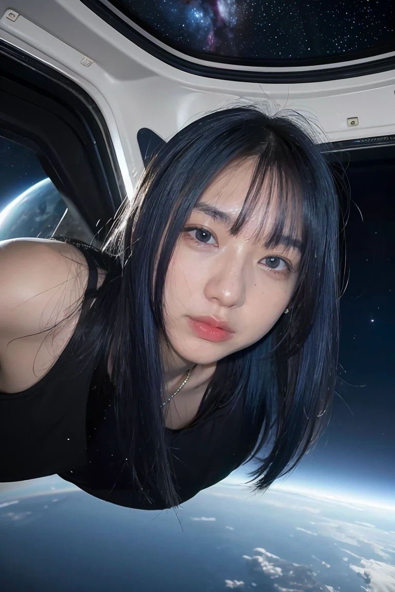 best quality, detailed, 4k, raw photo, masterpiece, detailed face,, stars, planets, galaxy, space,, a photo of anycemar flying in space, blue hair, bangs, long hair, looking at viewer, 