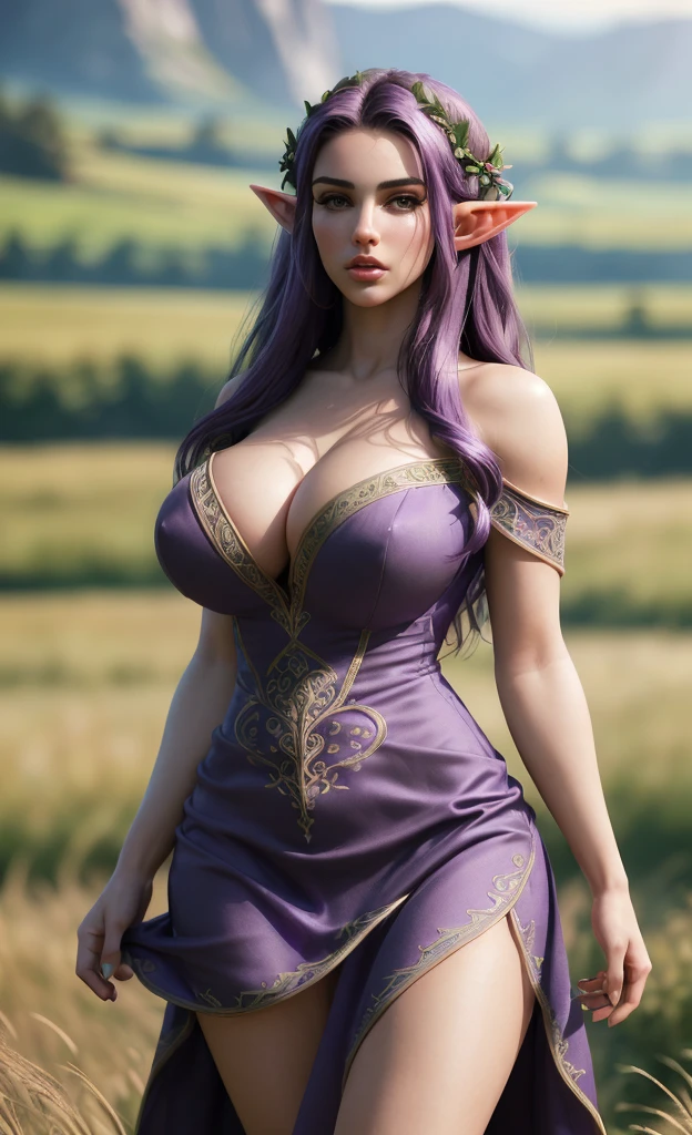 (masterpiece), (extremely intricate:1.3), (realistic), portrait of a girl, (huge and perfect breasts), toned build, slim, athletic, the most beautiful in the world, dark eyebrows, purple hair, (flowing hair), almond eyes, blushing slightly, (goddess dress:1.3 ), (perfect makeup), (elf ears), pale skin, detailed textures, confident glance, seductive, upper body, in a meadow, sunset, by a lake, grassy hills all around, professional photograph of a stunning woman detailed, looking at the camera, detailed eyes, sharp focus, dramatic, award winning, cinematic lighting, octane render  unreal engine,  volumetrics dtx, (film grain, blurry background, blurry foreground, bokeh, depth of field, motion blur:1.3)