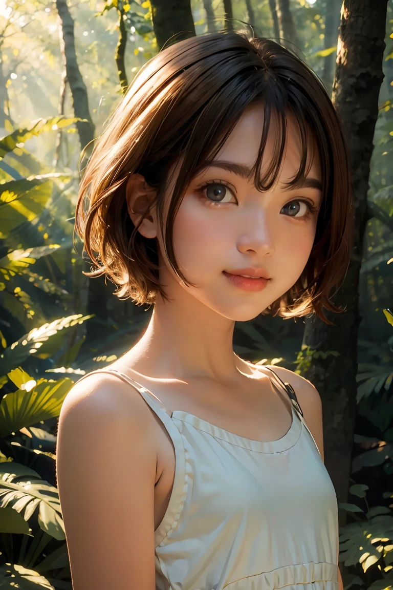 beautiful girl, (((((small)))), showing face, protruding tongue, short hair, brown, 8k, professional photography, delicate, clear, in the forest, sun, light leakage, masterpiece, (beautiful)))), (reality)))), smile, fantastic, angel, young