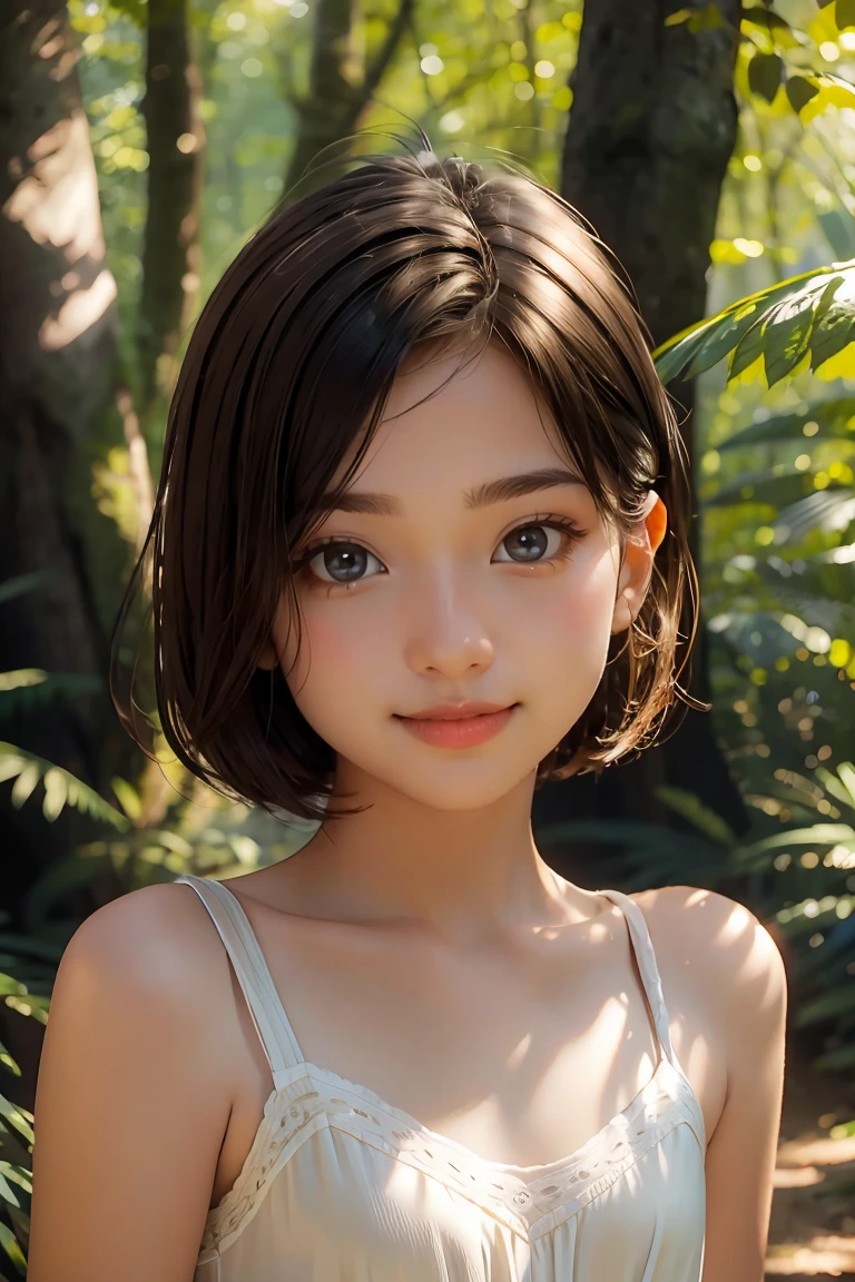 beautiful girl, (((((small)))), showing face, protruding tongue, short hair, brown, 8k, professional photography, delicate, clear, in the forest, sun, light leakage, masterpiece, (beautiful)))), (reality)))), smile, fantastic, angel, young
