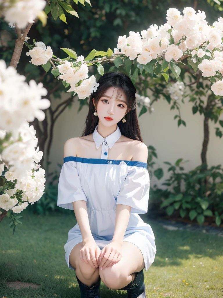 Beautiful woman wearing a blue white Wearing uniform korea style clothes mini dress with decorations on the shirt and visible shoulders and wearing boots and being photographed with a background And he was in the middle of a yard filled with beautiful white flowers,Korean style swag, beautiful face so gorgeous, Beautiful eyes, y2k style,