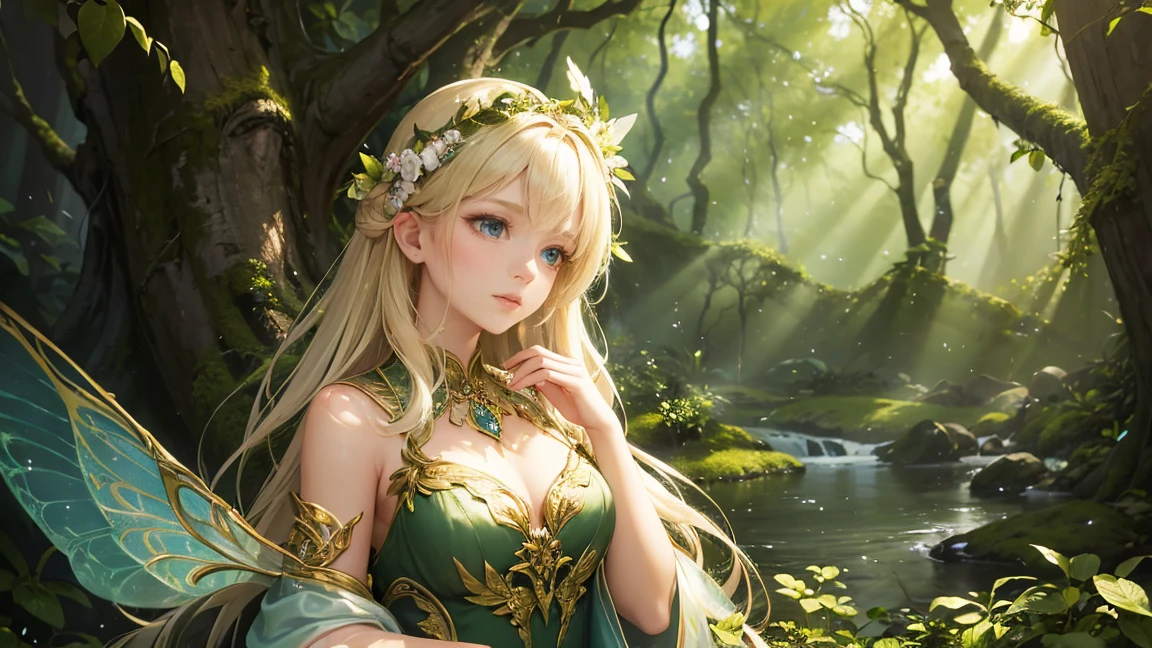 ( Absurd, high quality, Super detailed, masterpiece, Concept Art, Smooth, Highly detailed artwork, Hyperrealistic painting ) ,A close-up of a beautiful fairy sitting on a moss-covered log in an enchanting forest. She has long, flowing blonde hair adorned with white flowers, and delicate green wings that shimmer in the sunlight. She is wearing an elegant green dress that complements her ethereal appearance. The background is a softly lit forest with dappled sunlight filtering through the trees, creating a magical and serene atmosphere. The focus is primarily on the fairy, capturing her serene expression and intricate details of her attire and wings, with the forest providing a subtle and harmonious backdrop.