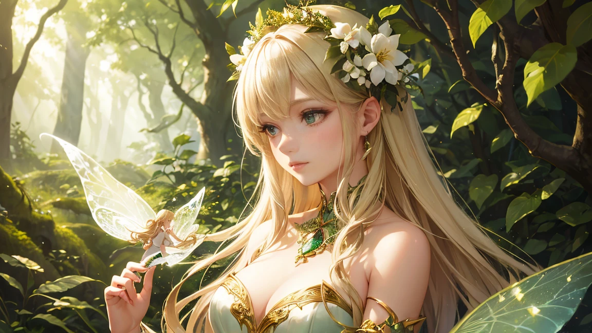 ( Absurd, high quality, Super detailed, masterpiece, Concept Art, Smooth, Highly detailed artwork, Hyperrealistic painting ) ,A close-up of a beautiful fairy sitting on a moss-covered log in an enchanting forest. She has long, flowing blonde hair adorned with white flowers, and delicate green wings that shimmer in the sunlight. She is wearing an elegant green dress that complements her ethereal appearance. The background is a softly lit forest with dappled sunlight filtering through the trees, creating a magical and serene atmosphere. The focus is primarily on the fairy, capturing her serene expression and intricate details of her attire and wings, with the forest providing a subtle and harmonious backdrop.