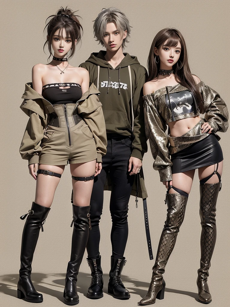 (Full Body View:1.3)、(Smiling with teeth showing:1.3),(Shibuya Gal:1.5)、(Beautiful:1.5)、(Neo-goth fashion:1.5)、(Punk RockVisual Kei:1.5)、(An off-the-shoulder hoodie in khaki and brown with delicate silver accessories.:1.5)、(A corset with a delicate beige and brown design:1.4)、(Dark grey, khaki and brown snakeskin bodysuit:1.5)、(Snake print headband:1.3)、(Beige and charcoal knee socks:1.4)、Embellished collar and long boots、(I'm selling snake print underwear.:1.4)、(Long eyelashes:1.3)、(20-year-old)、((Highest quality、8k、masterpiece:1.3))、1 Female、Slim and beautiful abs:1.3、(hairstyle casual、Beautiful boobs:1.1)、(Doing an aerobics pose:1.3)、dress:1.1、Super small face、Narrow eyes、double eyelid、A sloppy smile、Esbian all over、Dynamic Angle、Close-up、CPL Filter、Blurred Background、Bokeh、Blue Hour、Detailed face and skin texture、Detailed eyes、,(Twin tails:1.3)、(Brown-golden hair:1.3)、Gravure idol、(The background is a glamorous dance hall:1.3)、(Make your legs thinner:1.4)、(Slim body:1.3)、(clavicle:1.1)