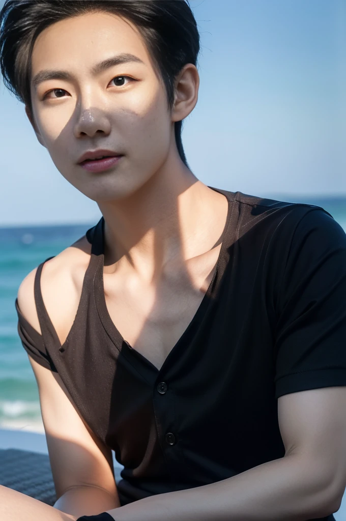 young asian man in a black polo shirt sitting on the grass with a serious expression, looking into the distance Turn your head slightly.,daytime (Create a masterpiece: 1.2),(CGI art:1.3),(realistic:1.5),(After processing:1.3), (Sharp focus:1.3), 1 man, open mouth, smile, (shirt:1.5), Navy cargo pants, Korean guy , korean men, (High gloss details), chest muscles, large arm muscles, blood vessel, Big muscles, Broad shoulders, looking at the audience, Balancing the eyes, seaside beach sunshine looking at the sea