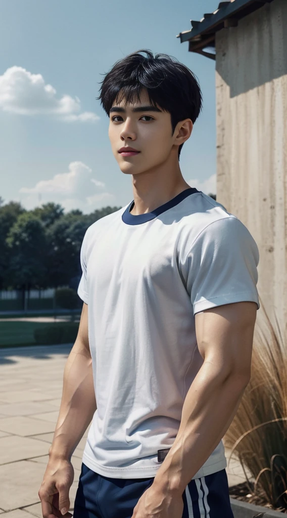 (As a matter of fact, Masterpiece, 8k HD, good light quality, sportswear, fit the face, complicated details), A handsome and muscular young Korean man., Have muscles, (Buzzcut short hair:1.5)  ,(Broad shoulders:1.3), 20 years old, be happy, smile brightly, detailed face, delicate eyes, มองดูsky, (Wear a navy tight T-shirt.:1.6), period, black eyes, Black hair color, ผมsmooth, smooth, outdoor sports, Along the garden, Sunny,sky，