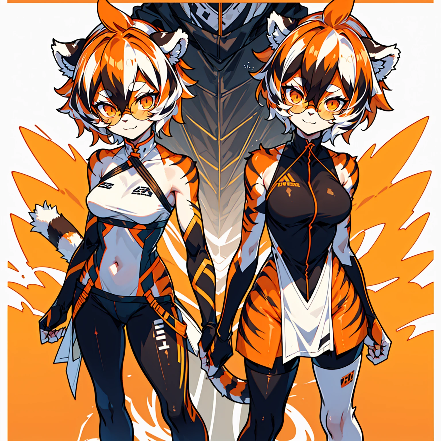 white background, full body, solo, Standing, heading up, proud , young girl, animal ears, arknights, white hair, black hair, round eyewear, glasses, OPPEIN, short hair, large breasts, muscle，tail, orange eyes, orange hair, multicolored hair, tiger girl, furry female, hair between eyes, tiger_ears, tiger_tail, waai_fu, orange-tinted_eyewear, tinted_eyewear, Sophorae, ワイフー, waai_fu_arknights, tattoo, petite, neck tattoo, big breasts, stomach tattoo, bra, panties, evil smile, Shadows under feet，text， 