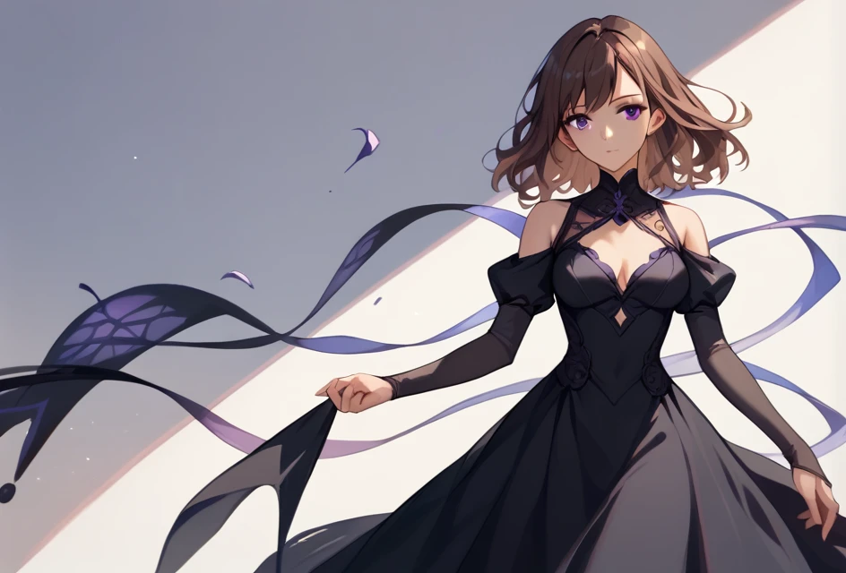 A beautiful anime-style girl with brown hair, medium length, wearing a black dress, with medium breasts. She has purple eyes.