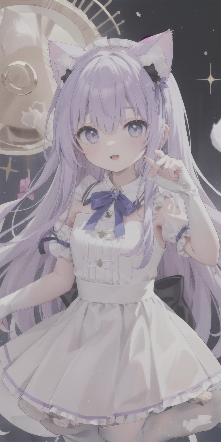 charming ,Long hair,Purple Hair,Close one eye,Smile,open mouth,Artifact Marking,A charming look,charming gesture,Sing,Big blue eyes,White Lolita,Pleated Skirt,Cat ears,Cat'Tail,(Cat爪手套:2.0),Hair accessories,bow tie,Leg ring,(White boots:2.0),whole body,stage,one person