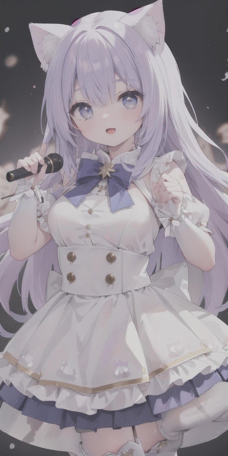 charming ,Long hair,Purple Hair,Close one eye,Smile,open mouth,Artifact Marking,A charming look,charming gesture,Sing,Big blue eyes,White ta,Pleated Skirt,Cat ears,Cat'Tail,(Cat爪手套:2.0),Hair accessories,bow tie,Leg ring,(White boots:2.0),whole body,stage,one person