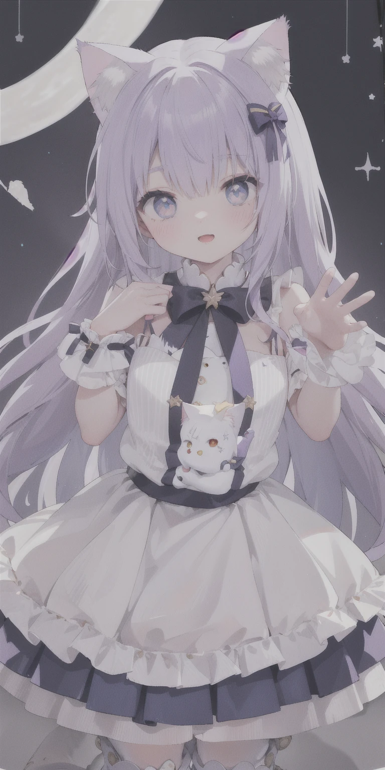 charming ,Long hair,Purple Hair，Close one eye，Smile，open mouth，Artifact Marking，A charming look,charming gesture，Sing，Big blue eyes,White Lolita,Pleated Skirt,Cat ears,Cat&#39;Tail,(Cat爪手套:2.0),Hair accessories,bow tie，Leg ring，(White boots:2.0)，whole body,stage，one person