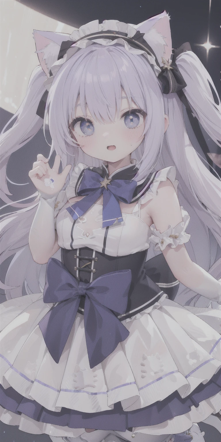 charming ,Long hair,Purple Hair,Close one eye,Smile,open mouth,Artifact Marking,A charming look,charming gesture,Sing,Big blue eyes,White ta,Pleated Skirt,Cat ears,Cat'Tail,(Cat爪手套:2.0),Hair accessories,bow tie,Leg ring,(White boots:2.0),whole body,stage,one person