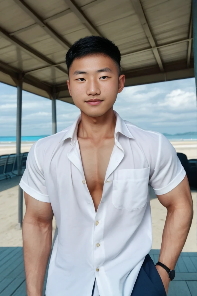 A young Asian man with large muscles looks at the camera. In a white button-down shirt , seaside beach sunlight looking at the airport