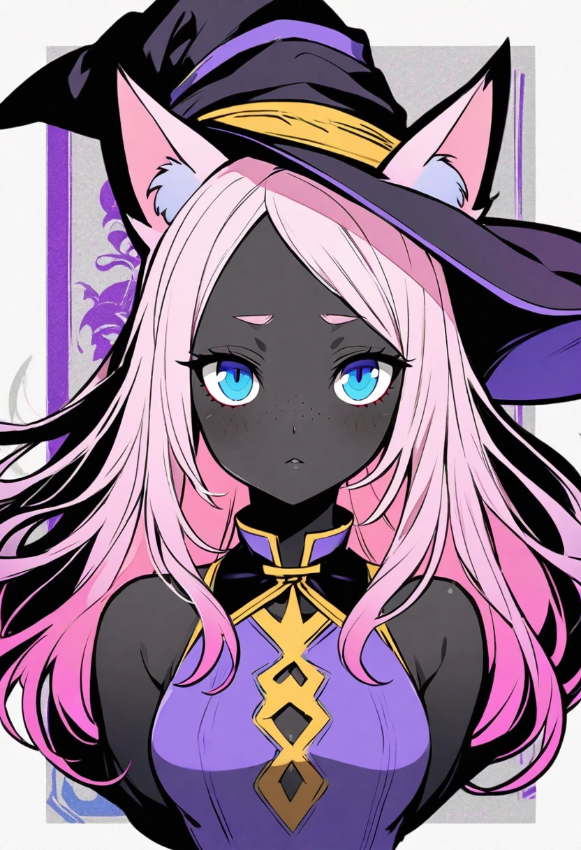 dark skin, light Pink hair, freckles, witch hats hat. Blue eyes, long hair, black skin, gray skin, purple highlight,  cat girl, cat ears, solo, blush, colored skin, medium breasts, book background, looking at viewer, bust. Dress. portrait, Persona style