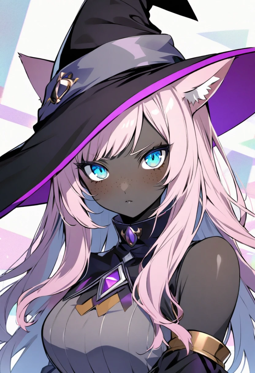 dark skin, light Pink hair, freckles, witch hats hat. Blue eyes, long hair, black skin, gray skin, purple highlight, cat girl, cat ears, solo, blush, colored skin, medium breasts, book background, looking at viewer, bust. Dress. portrait, Persona style