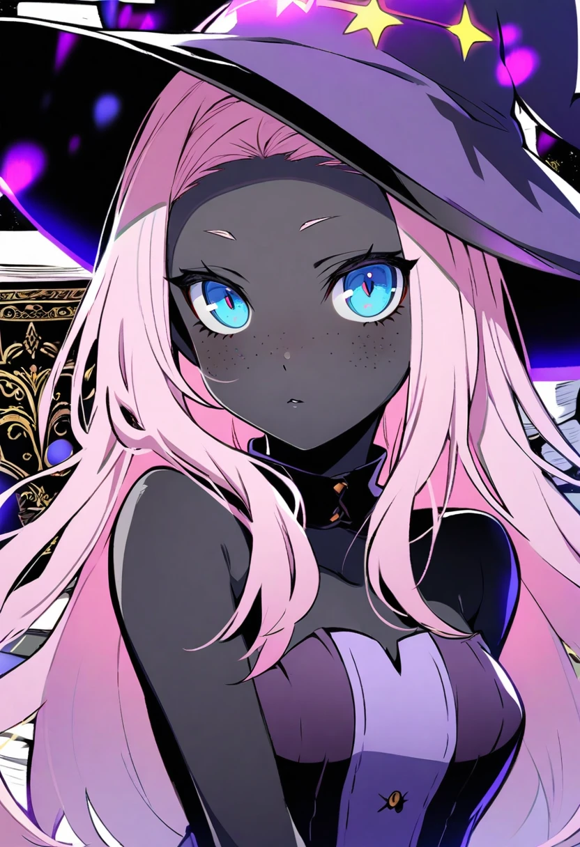 dark skin, light Pink hair, freckles, witch hats hat. Blue eyes, long hair, black skin, gray skin, purple highlight,  cat girl, cat ears, solo, blush, colored skin, medium breasts, book background, looking at viewer, bust. Dress. portrait, Persona style
