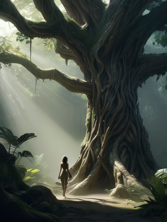 sfw, woman walking in the rain forest towards a highly detailed treant, hollow world, shadows of brimstone, matte painting, highly detailed, natural lighting, dynamic angle, slow shutter speed, narrow angle lens, 35mm, close shot